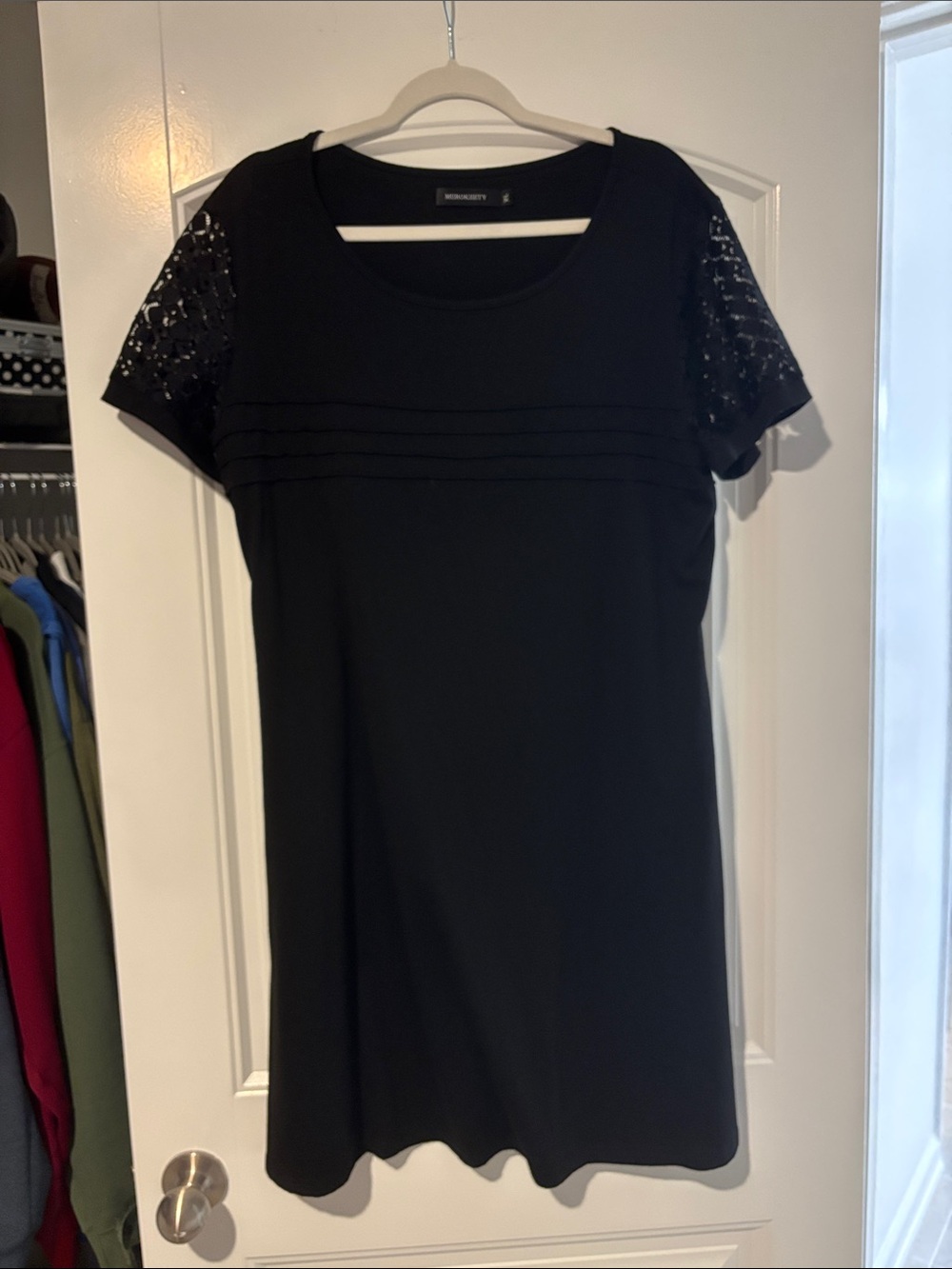 Black Short-Sleeve Dress with Lace Sleeves by Worthington